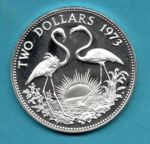 1973 BAHAMAS $2 PROOF STERLING SILVER COIN. TWO DOLLARS. FLAMINGOS. - Picture 1 of 2