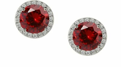White gold finish 8mm Round Cut red ruby And Created diamond Stud earrings Gift - Image 1 of 4