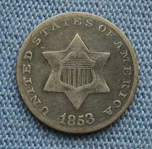 1853 United States 3 Cent Silver Coin (3C three cents) - Picture 1 of 5