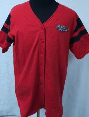 Vtg NASCAR Jerry Leigh XL Red w/ Black Button Down Short Sleeve Graphic Jersey - Imagem 1 de 4