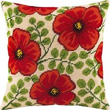 Red Flowers. Stamped Cross-Stitch Kit. Throw Pillow 16×16 Inches. Printed T