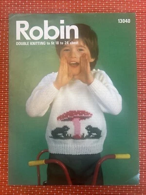 BOYS GIRLS KIDS FROG & TOADSTOOL JUMPER Vtg Knitting Pattern 18”-24” ROBIN 13040 - Image 1 of 2