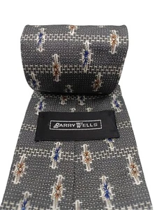 Classic Barry Wells 100% Silk Necktie  Floral Print Grey Blue USA Rare 1990s - Picture 1 of 10