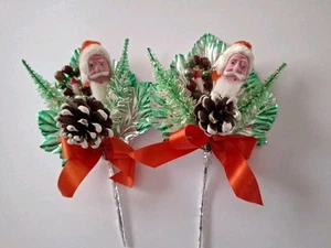 ANTIQUE CHRISTMAS CORSAGE SET CLAY FACE SANTA ,BOTTLE BRUSH TREES,PINECONE,GLASS - Picture 1 of 8