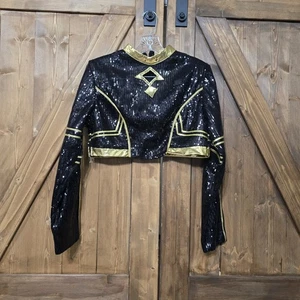 Chaqueta corta cosplay lentejuelas ribete negro dorado manga larga talla L nueva con etiquetas - Imagen 1 de 7