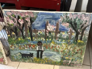 Original Folk Art Painting By Florida Artist, Alynne Harris Boy With Dog - Picture 1 of 11