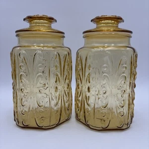 Vintage L E Smith Amber Topaz Atterbury Scroll Canister Jar Set of 2 - 9" - Picture 1 of 11