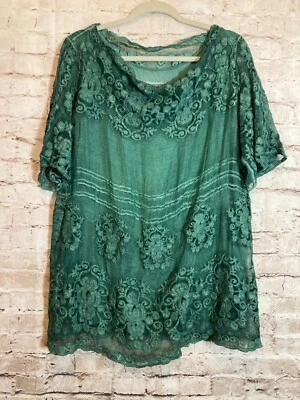 Túnica feminina Soft Surroundings de seda bordada verde enrugada pequena grande - Imagem 1 de 4