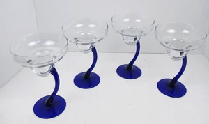 Margarita Glasses Set Of 4 with Blue Cobalt Curved Stems 7 1/4" Tall - Picture 1 of 7