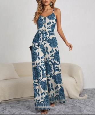 Mono IZURIA Talla L Azul y Marfil Floral Botón Frontal Cuello en V Sin Mangas Pierna Ancha Foto 1 de 3