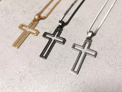 COLLANA LUNGA CIONDOLO CROCE CLASSICO CAVA UOMO VINTAGE PUNK IDEA REGALO - Immagine 1 di 4