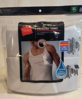 Hanes Men’s Tagless Cotton Tanks Size XL 46-48" Original Fit Tanks 4-Pk White - Image 1 of 2