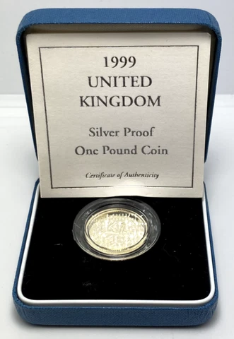 1999 UK Silver Proof 1 Pound Coin w/ Case & COA Cover