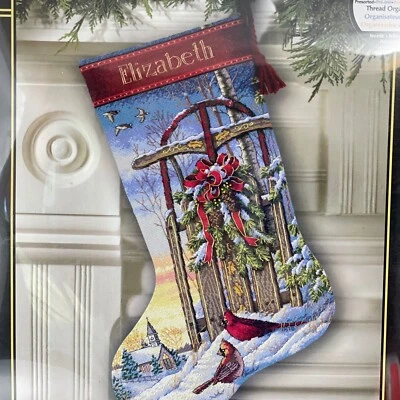 Cross Stitch Kit CHRISTMAS SLED STOCKING Dimensions Gold Sam Timm NEW 8819 - Image 1 of 4