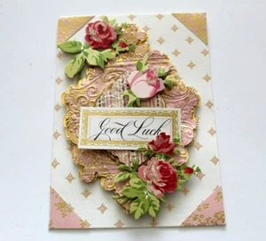 Anna Griffin "Good Luck" Pink & Gold w/Flowers 3D Handmade Layered Card - Picture 1 of 2