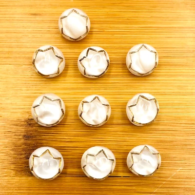 Translucent White Dome Glass VTG Moonglow Button Set 10 Gold Lustre Prong Edging - Image 1 of 4