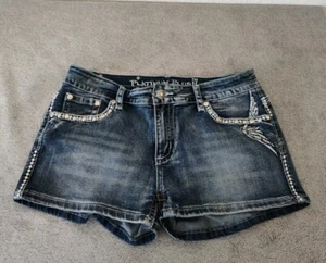Embellished Bling Motorcycle Pocket Denim Shorts Biker Chick Platinum Plush - Picture 1 of 3