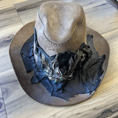 Head'n Home Leather Cowboy Hat “Duke” Sz M Molded Suede Feather Ameri Steampunk - Image 1 of 4