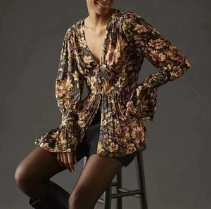 By Anthropologie Deep V Blouse Size:S Bell Sleeve Corset Victorian MSRP $110 - Picture 1 of 15