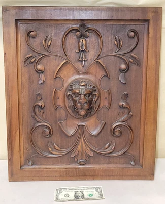 Antique Carved Lion Head Wood Plaque 19thC Furniture Salvage Cabinet Door Panel - Image 1 of 4