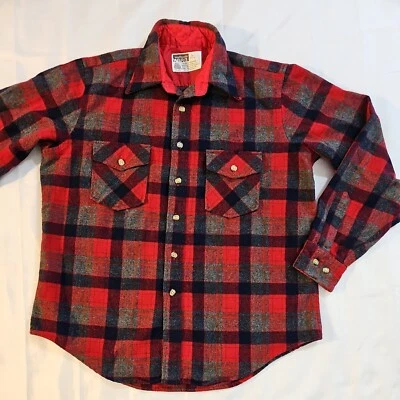 Camisa a Cuadros Montgomery Ward 100% Lana Virgen Franela Negra Roja Gris Talla M - L De Colección Foto 1 de 4