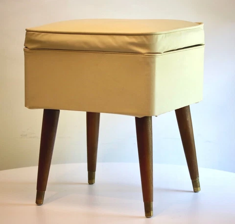 MCM SEWING STOOL STORAGE BENCH DANISH MODERN FOOTSTOOL beige VINYL wood PEG LEGS Cover