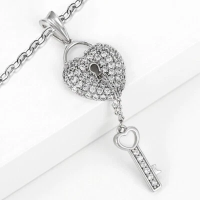 Women's 925 Sterling Silver Chain Link Heart Key Gemstone Pendant Necklace D960 - Image 1 of 4