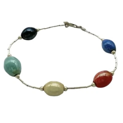 纯银手链 925 Ceramic Links 红色蓝色绿色极简主义女式 8 英寸 — 第 1/4 张图片