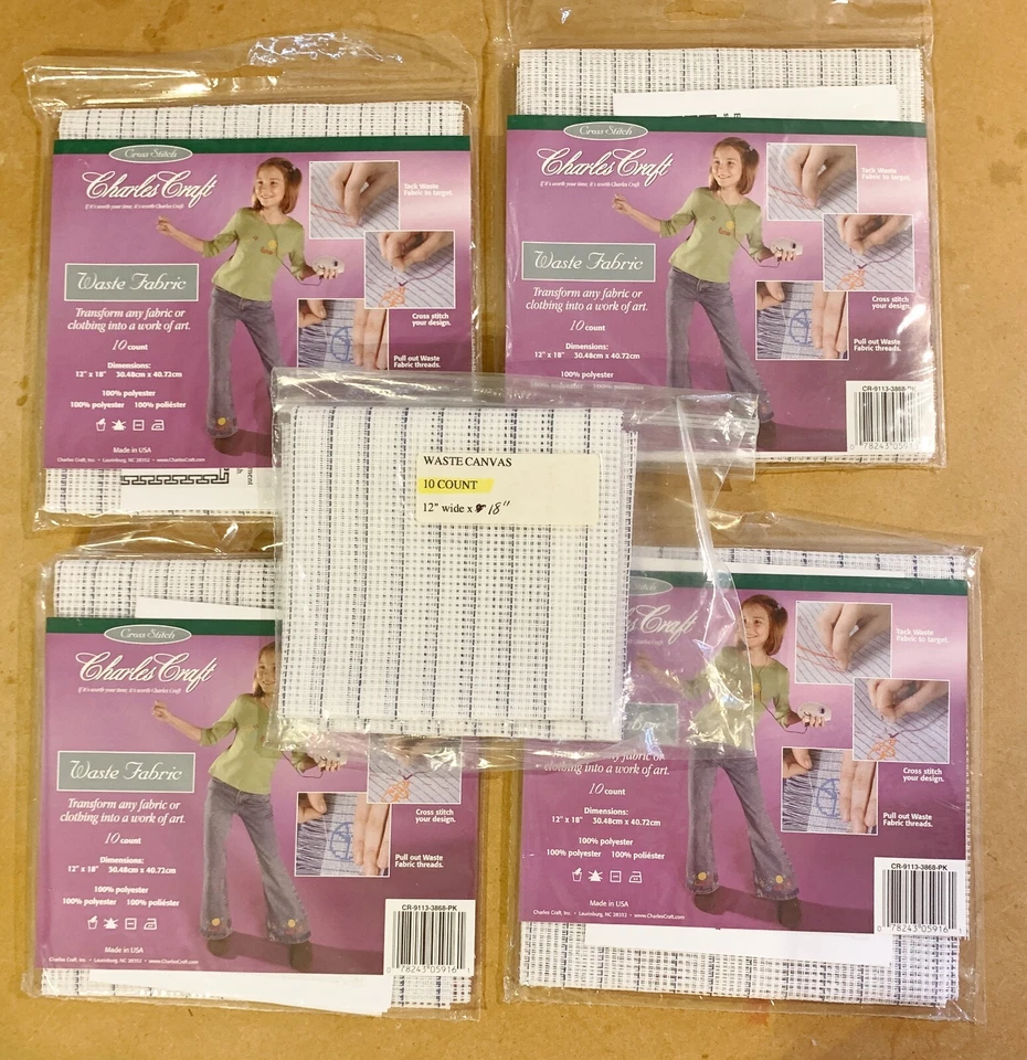 4 BNIP + 1 Open Pkg -Charles Craft Waste Canvas, Waste Fabric 10 Ct, 12" X 18" - Image 1 of 1