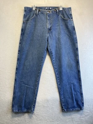 Vintage Rustler Jeans Men 38x29 Blue Relaxed Straight Suspender Button Denim - Image 1 of 4
