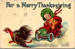 For a MERRY THANKSGIVING Baby in Car Chasing Turkey c1915 HUMOR Postcard - Picture 1 of 2