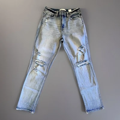 Pantalones de mezclilla Eunina para mujer 7 tiro bajo mica pierna recta tobillo desgastado azul *54 Foto 1 de 4