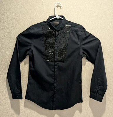 Zara Tuxedo Shirt Mens Black Sequins LS Slim Fit Button Up - M EUC - Image 1 of 4