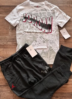 NWT Nike Air Jordan Boys YLG Black Heather/White/Gray/Red Jogger Pants Set Large - Image 1 of 4