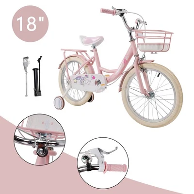 18" Child Bicycle Girls Bike with auxiliary wheels & Rack & Basket Pink - Image 1 of 4