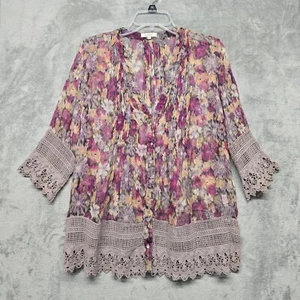 Sundance Top Womens Sz Small Purple Floral Silk Sheer Lace Trim Boho Cottagecore - Picture 1 of 15
