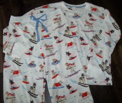 NUEVO CON ETIQUETAS PJ Salvage Blanco/Azul PERROS EN ESQUÍS Tejido Terciopelo Texturizado Pijama/Juego de Salón L Foto 1 de 4