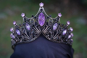 Goth Purple Tiara Black Crown Princess Queen headdress jewelry bridal real - Picture 1 of 2