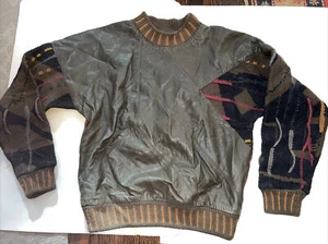 VTG 90s Saxony LLeather Knit Sweater HipHop Coogi Style multi color Texturized - Picture 1 of 5