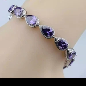 925 Sterling Silver Purple Amethyst Teardrop Gemstone Bracelet , Bangle. 7-8” - Picture 1 of 13