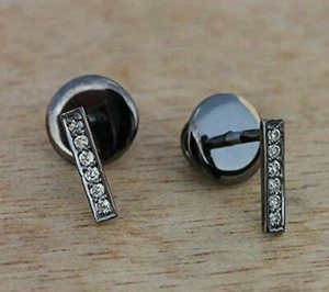Bar Stud Earring 14k Gold Natural Pave Diamond Minimalist Ear Stud Birthday Gift - Picture 1 of 12