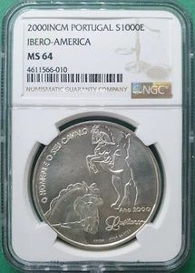 2000 INCM PORTUGAL 1000 ESCUDOS SILVER IBERO-AMERICA NGC MS 64 - Picture 1 of 2