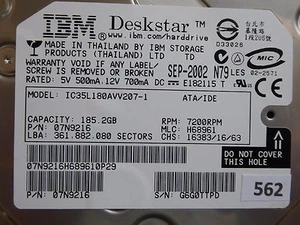 185,2 GB IBM IC35L180AVV207-1 | N.o de parte: 07N9216 | MLC: H68961 | SEP-2002 #562 - Imagen 1 de 3