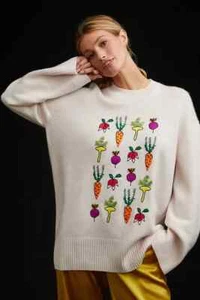 Anthropologie Kerri Rosenthal Cashmere Sweater Veggie Garden Embroidered M NEW - Picture 1 of 10