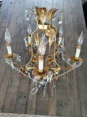 Vintage Vtg Italian Amber Crystal Gilt Tole Chandelier Hall 5 Light Gold MCM  - Image 1 of 4