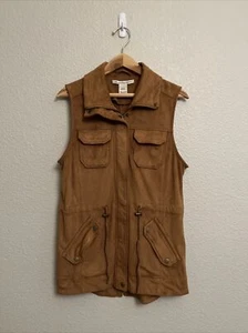 American Rag Camel Brown Utility Vest Field Jacket Full Zip Faux Suede Collar L - Picture 1 of 4