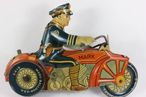 1930's Pat. Pending MARX ROOKIE COP Tin Windup Motorcycle Rides in Circles - Picture 1 of 10