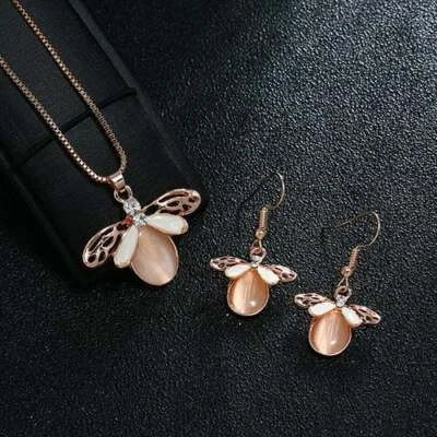 Women's Rose Gold Butterfly Shape Natural Stone Necklace/Earring Jewelry Set New - Image 1 of 4