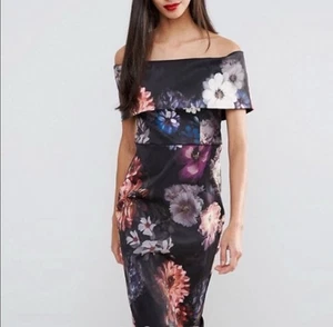 ASOS Women’s Dress 4 Black Multicolor Floral Off Shoulder Bodycon Cocktail NWOT - Picture 1 of 6