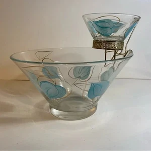 Vintage Anchor Hocking Chip ‘n Dip Glass Set Turquoise Blue & Gold Accents - Picture 1 of 16